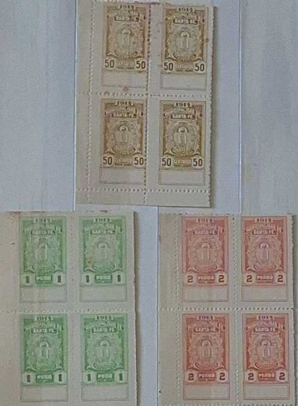 Argentina 1914 Santa Fe Municipal Fiscal 3 Blocks of 4 Unused Local Revenue stamps