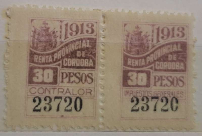 Argentina 1913 Cordoba Provincial General Fiscal Pair Unused Numbered stamps