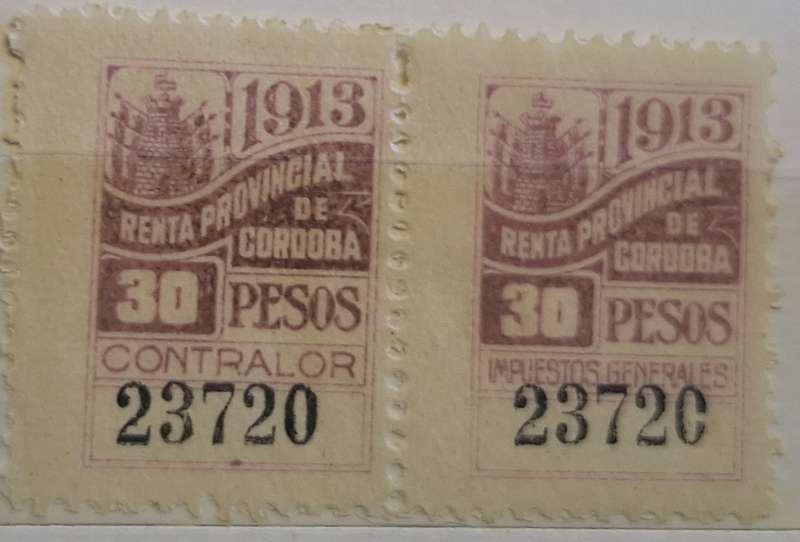 Argentina 1913 Cordoba Provincial General Fiscal Pair Unused Numbered stamps