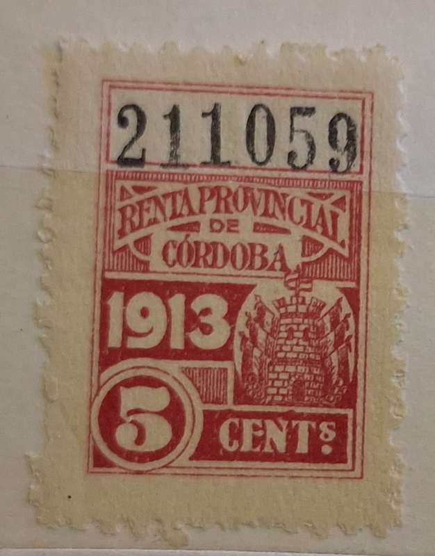 Argentina 1913 Cordoba Provincial Revenue 1 Unused Numbered stamp