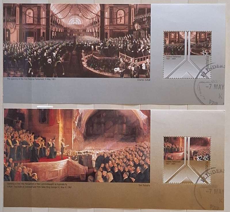 Australia 2001 Federal Parliament Centenary Set of 2 Cancelled Hinged Miniature Sheets