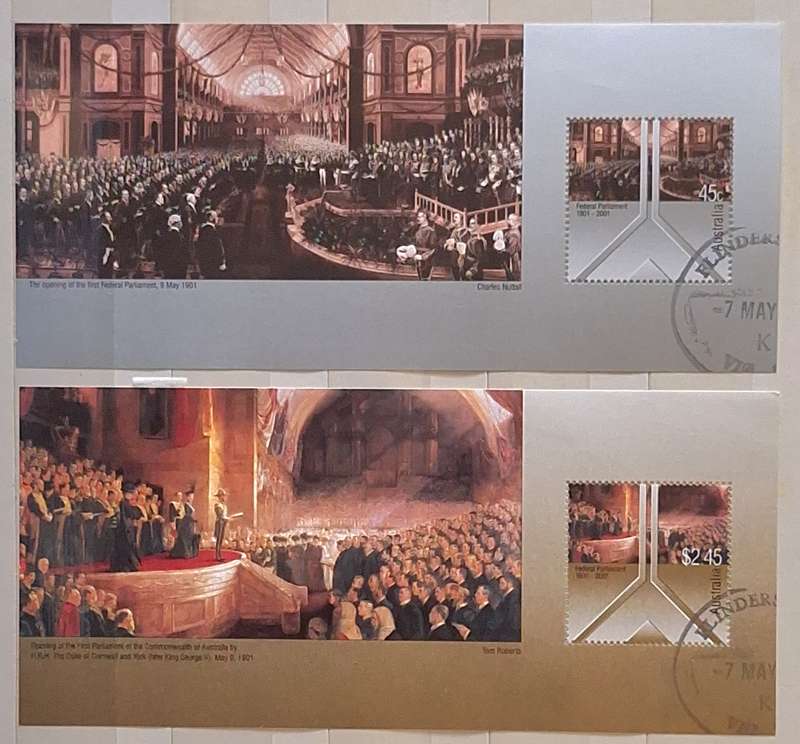 Australia 2001 Federal Parliament Centenary Set of 2 Cancelled Hinged Miniature Sheets