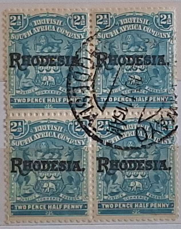 British South Africa Company 1909 2 1/2d Overprinted Rhodesia Block of 4 Used stamps