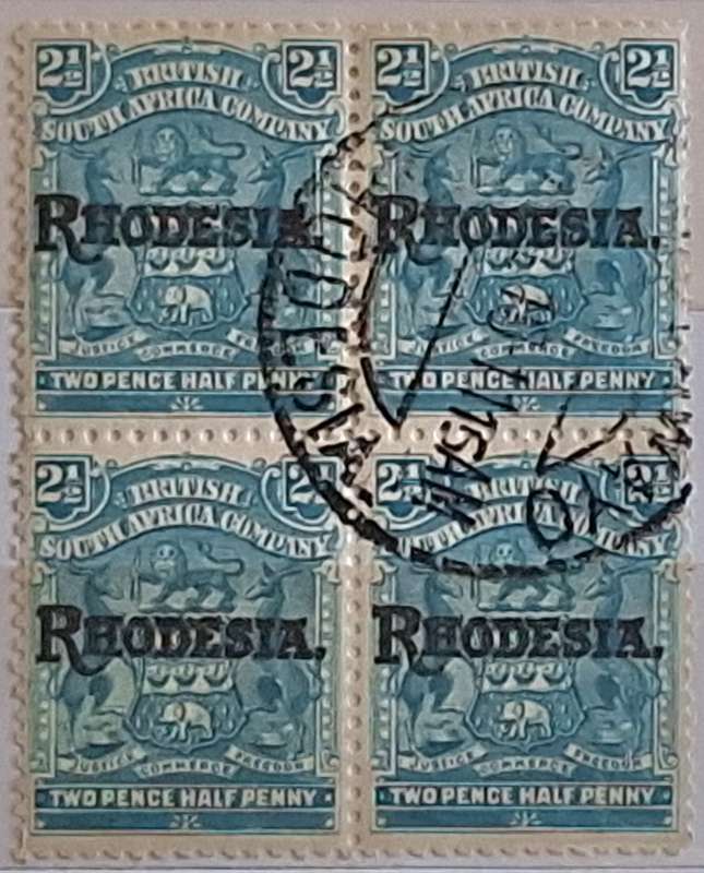 British South Africa Company 1909 2 1/2d Overprinted Rhodesia Block of 4 Used stamps