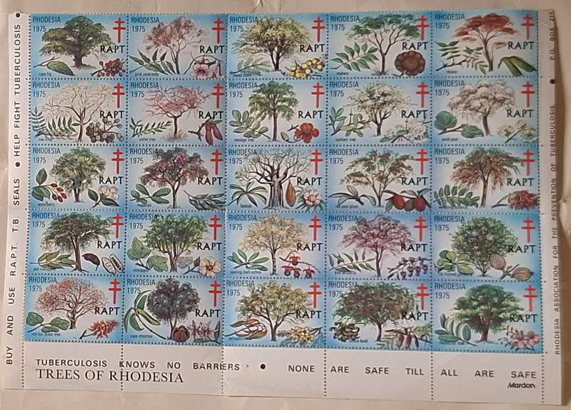 Rhodesia Association for the Prevention of Tuberculosis RAPT 1975 Block of 25 Unused (TB seals)