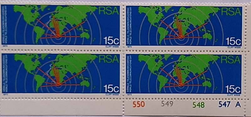 RSA 1973 World Telecommunications Day 15c Mint Control Block of 4 stamps
