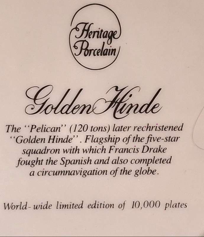 Heritage Porcelain Limited Edition Plate of Pelican/Golden Hinde