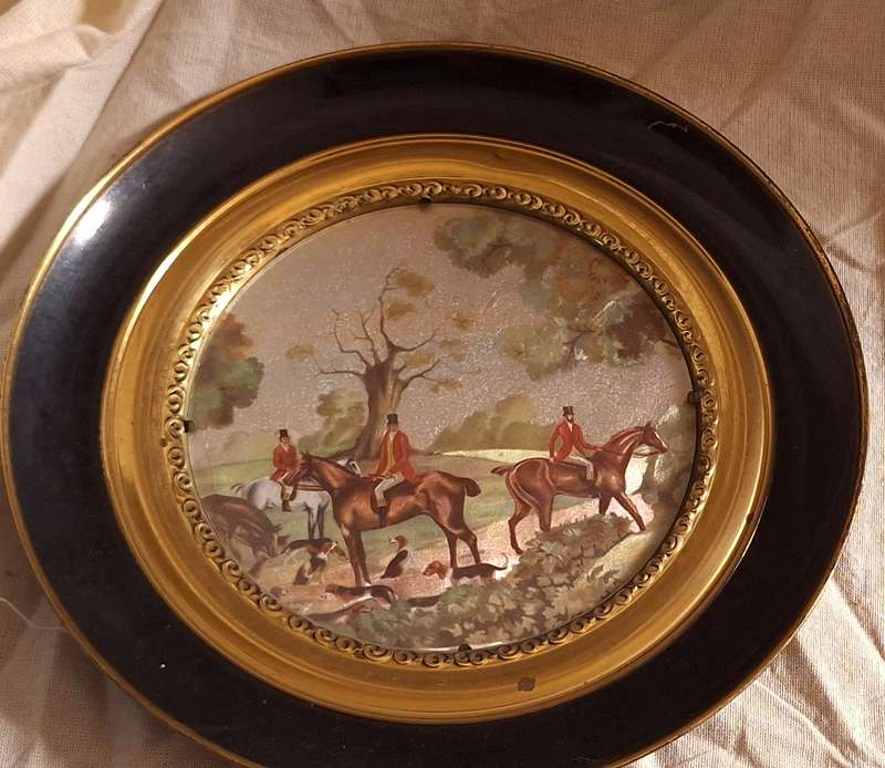 Painted Hunting Scene in Round Brass Frame Wall Hanging Made in England