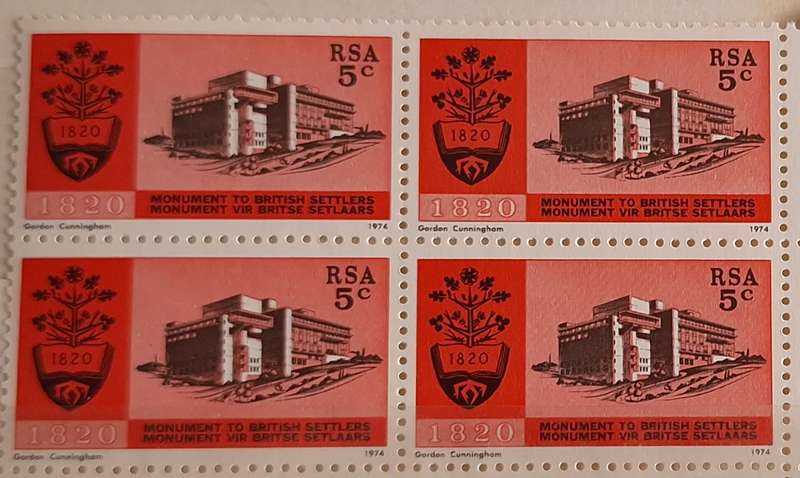 RSA 1974 Inauguration of British Settlers Monument Mint Control Block of 4 stamps