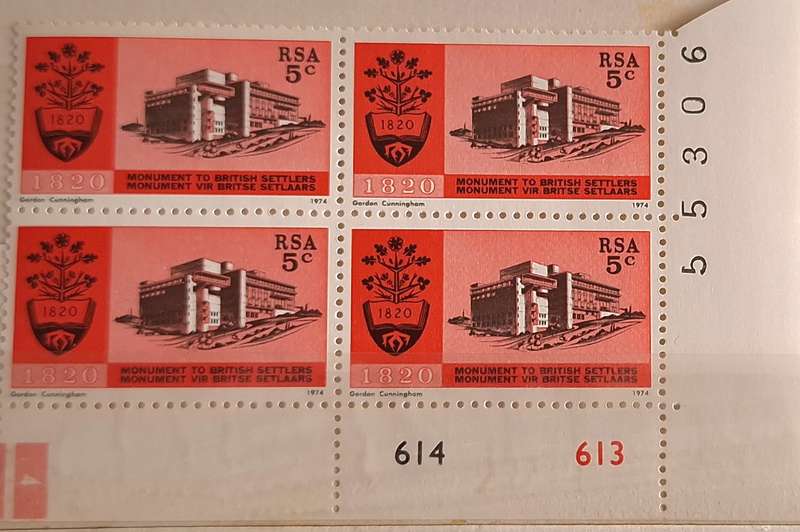 RSA 1974 Inauguration of British Settlers Monument Mint Control Block of 4 stamps