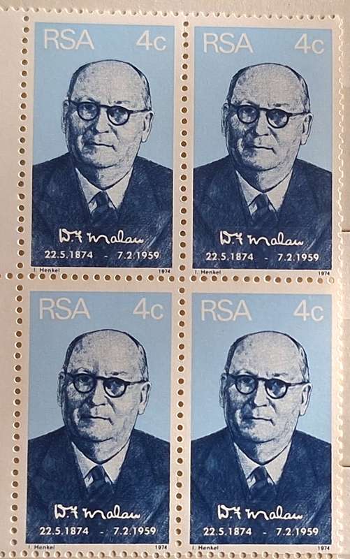 RSA 1974 Birth Centenary D F Malan Mint Control Block of 4 stamps