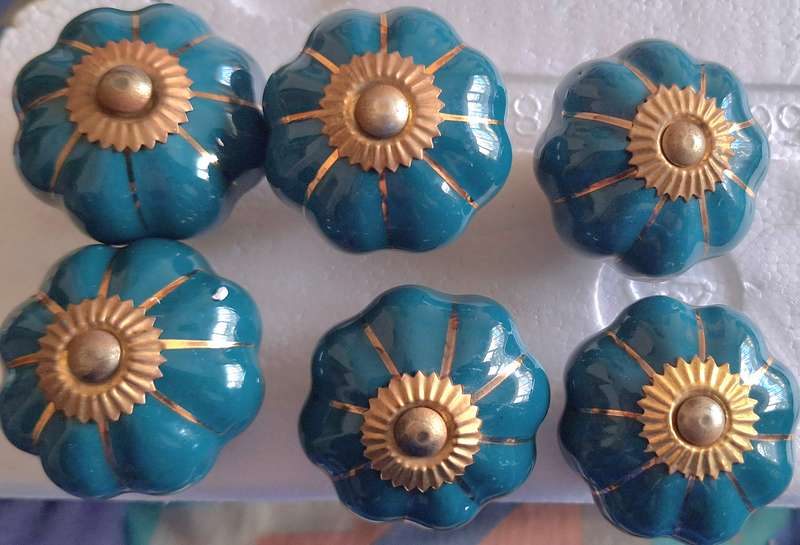 6 Vintage Porcelain Door Knobs in Teal and Gold