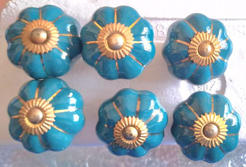 6 Vintage Porcelain Door Knobs in Teal and Gold