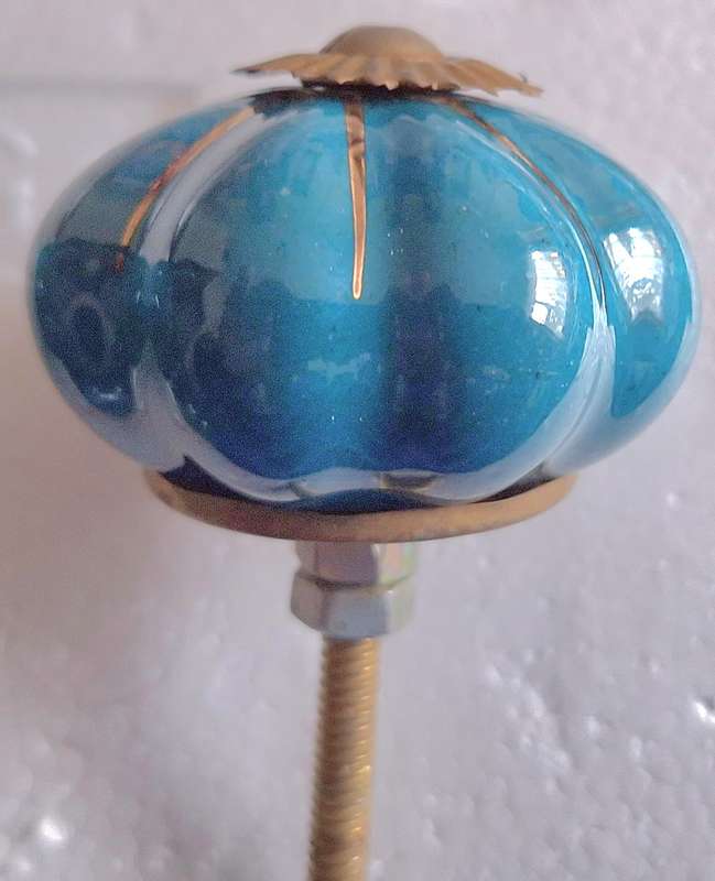 6 Vintage Porcelain Door Knobs in Teal and Gold