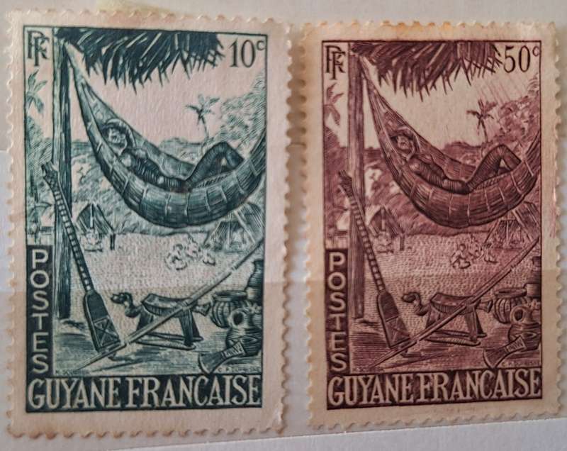 French Guiana 1947 Woman in a Hammock  2 Unused Hinged stamps