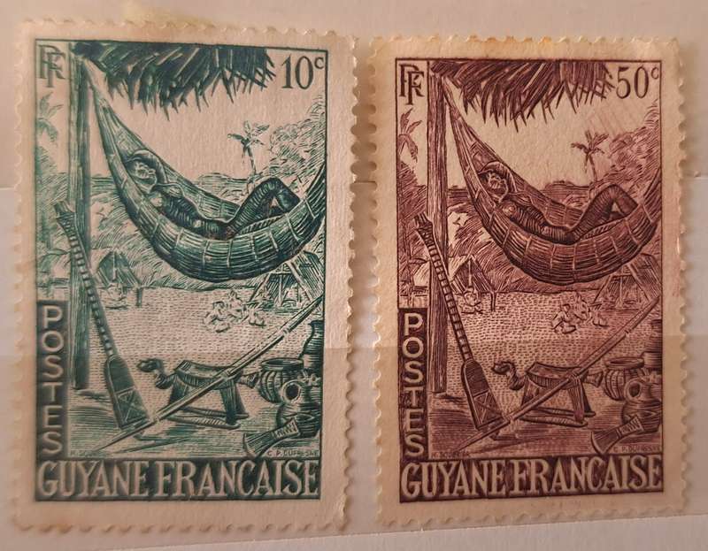 French Guiana 1947 Woman in a Hammock  2 Unused Hinged stamps