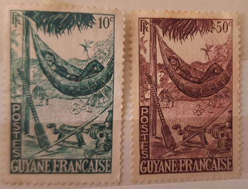 French Guiana 1947 Woman in a Hammock  2 Unused Hinged stamps
