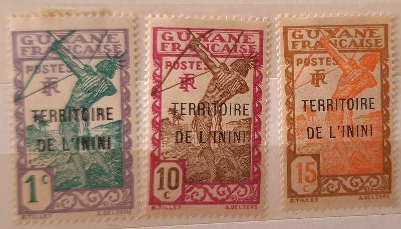 French Guiana 1932 Carib Archer Overprint Territoire de l'Inini 3 Unused Hinged stamps