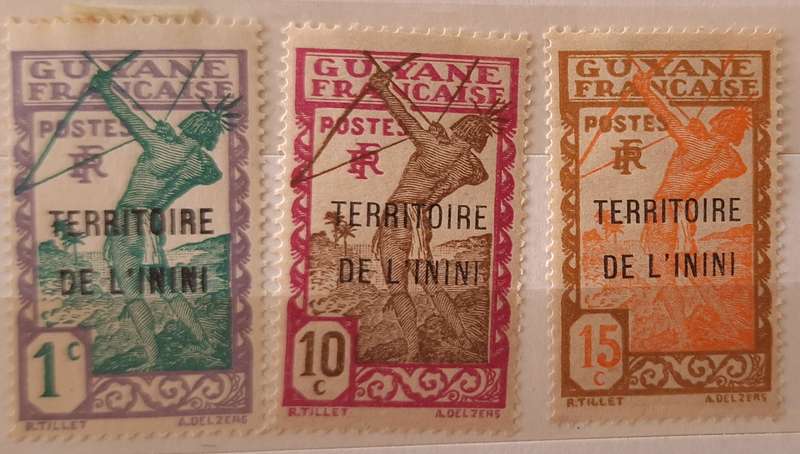 French Guiana 1932 Carib Archer Overprint Territoire de l'Inini 3 Unused Hinged stamps