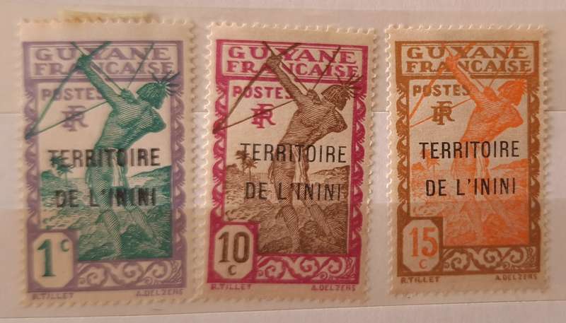French Guiana 1932 Carib Archer Overprint Territoire de l'Inini 3 Unused Hinged stamps