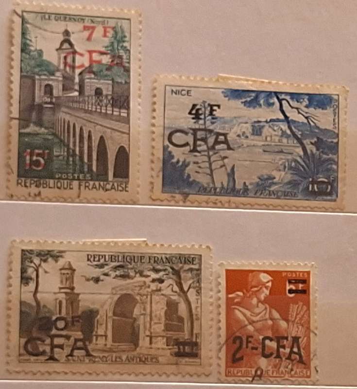 France Reunion Overprint CFA Mixed Lot of 4 Used Hinged stamps