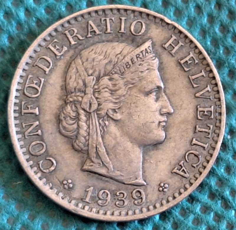 Switzerland 1939 Libertas 20 Rappen Copper-nickel