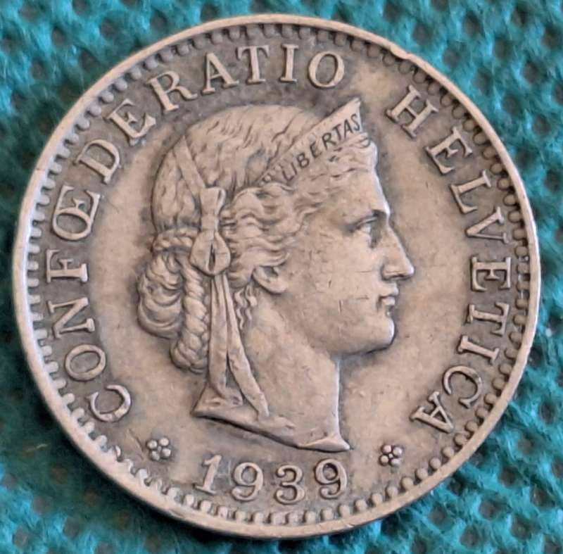 Switzerland 1939 Libertas 20 Rappen Copper-nickel