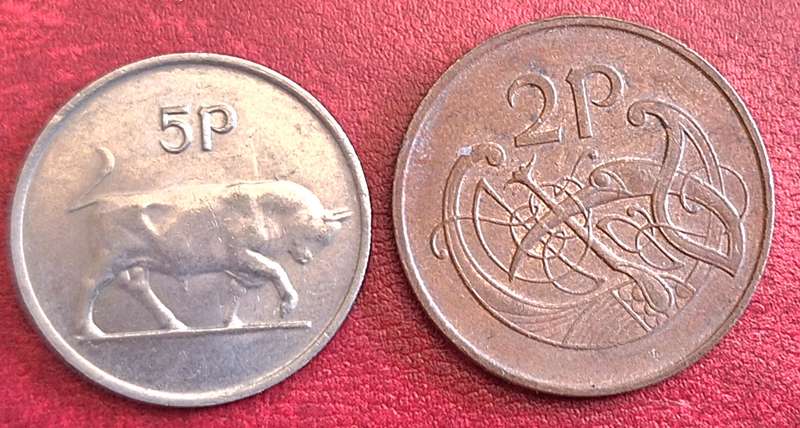 Ireland 1995 2 Pence Copper plated steel AND 1978 5 Pence Copper-nickel