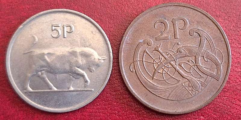 Ireland 1995 2 Pence Copper plated steel AND 1978 5 Pence Copper-nickel