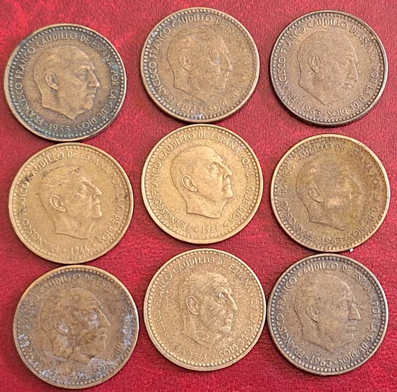 Spain 1963 x 6 1966 x3 Francisco Franco 1 Peseta Aluminium bronze