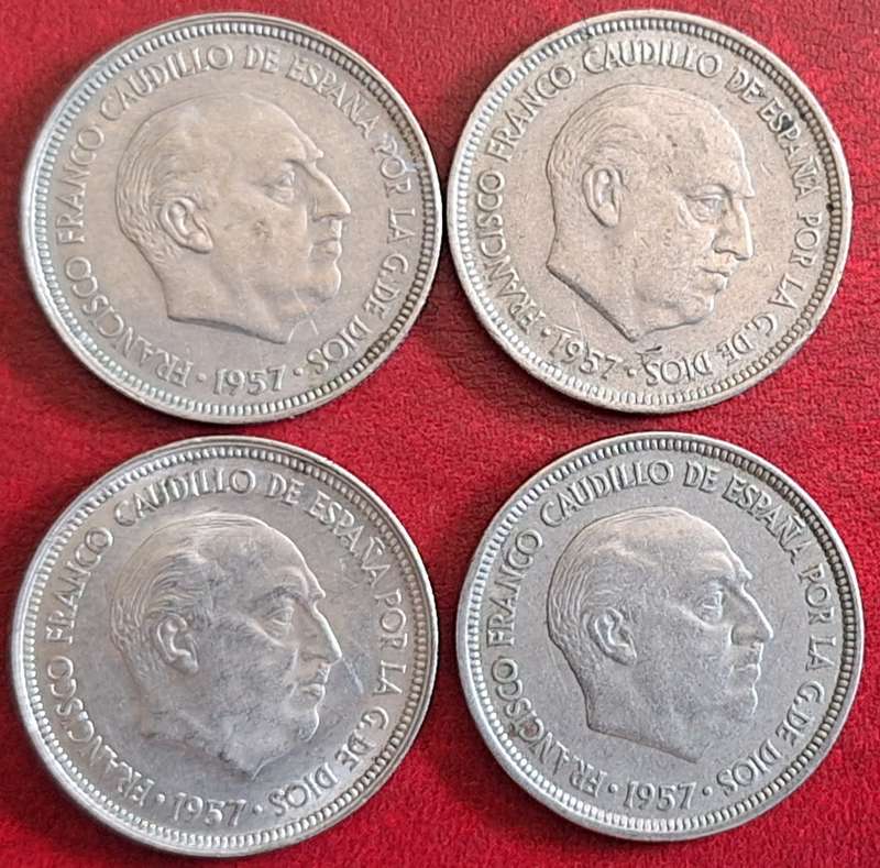 Spain 1957 Francisco Franco 4x 5 Pesetas Copper-nickel (2x58 1x64 1x68)