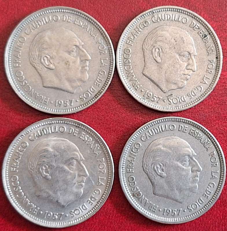 Spain 1957 Francisco Franco 4x 5 Pesetas Copper-nickel (2x58 1x64 1x68)
