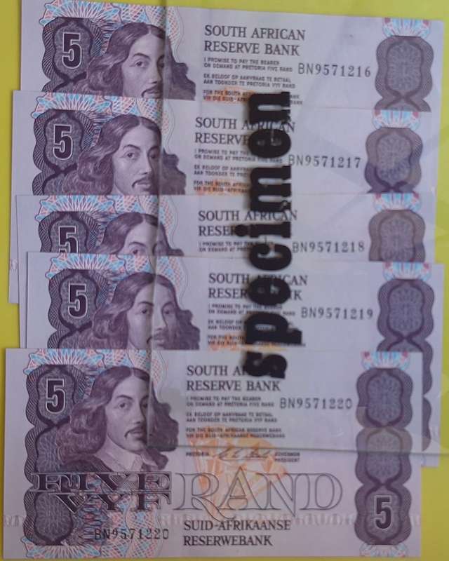South African Reserve Bank 5 x R5 BN9571216-17-18-19-20