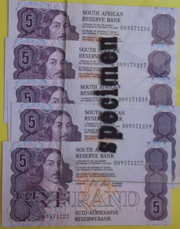 South African Reserve Bank 5 x R5 BN9571216-17-18-19-20