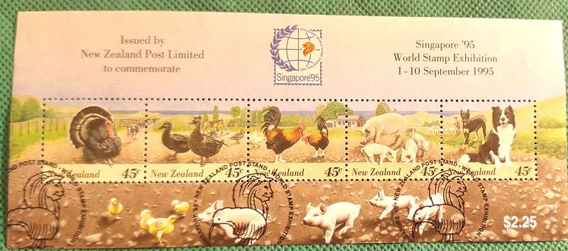 New Zealand 1995 Singapore 1 Cancelled Hinged Miniature Sheet Farm Animals