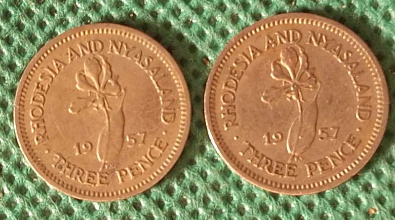 Rhodesia and Nyasaland 1957 Elizabeth II 3d x2 Copper-nickel