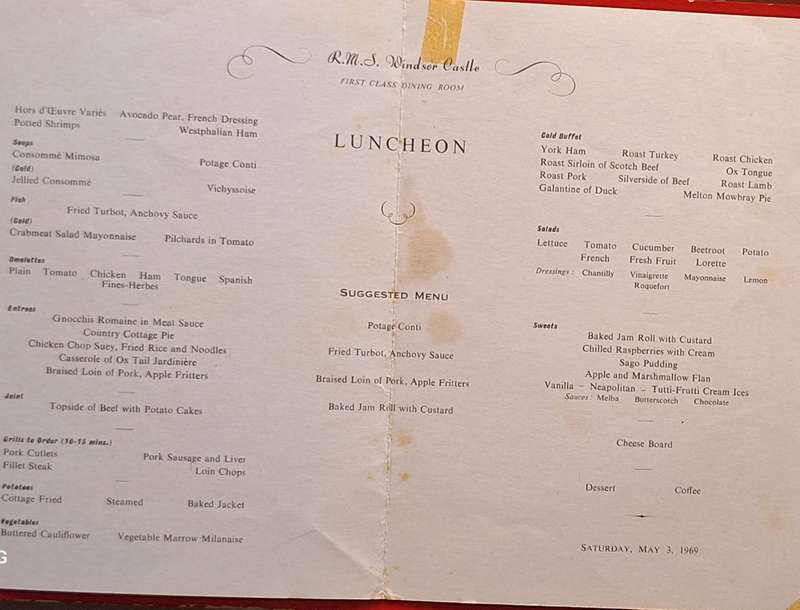 Union-Castle Safmarine RMS Windsor Castle First Class Luncheon Menu 1969