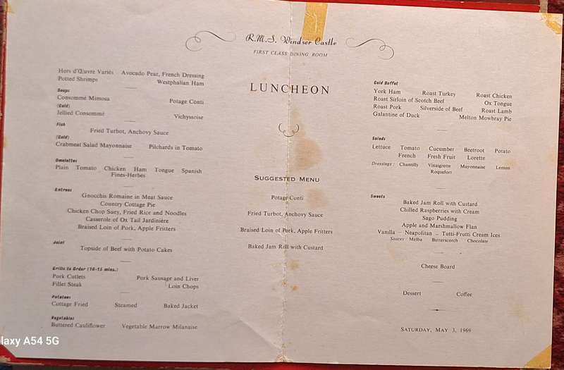 Union-Castle Safmarine RMS Windsor Castle First Class Luncheon Menu 1969