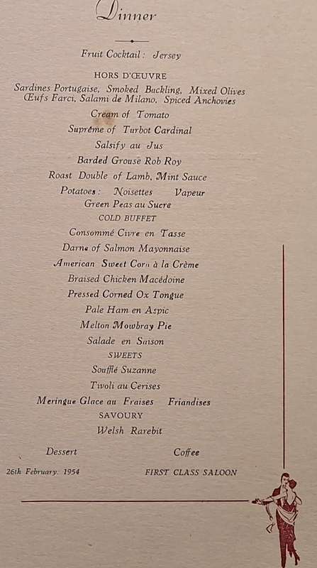 Union Castle Line RMMV Stirling Castle Fancy Dress Dance Buffet and Dinner Menu 26 February 1954