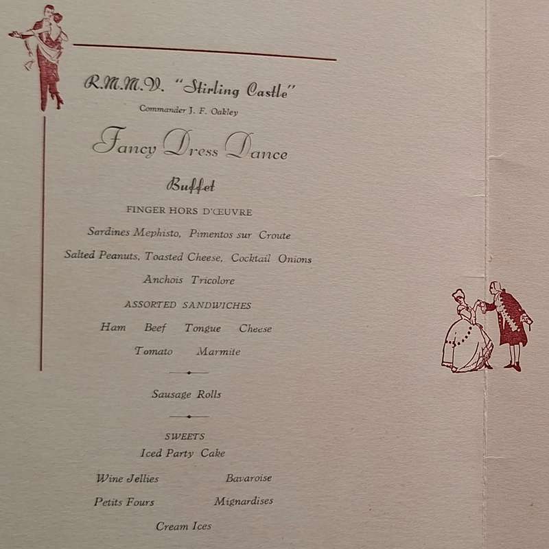 Union Castle Line RMMV Stirling Castle Fancy Dress Dance Buffet and Dinner Menu 26 February 1954