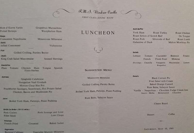 Union-Castle Safmarine RMS Windsor Castle First Class Luncheon Menu 1969