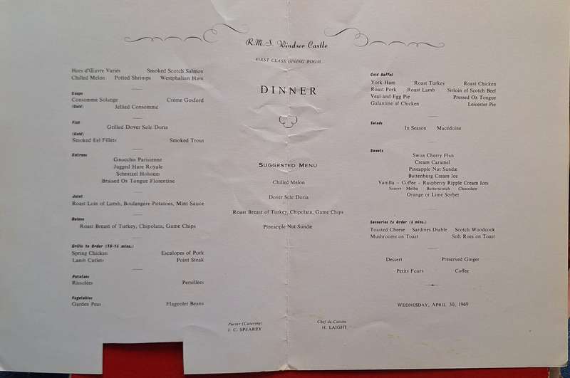 Union-Castle Safmarine RMS Windsor Castle First Class Dinner Menu 1969