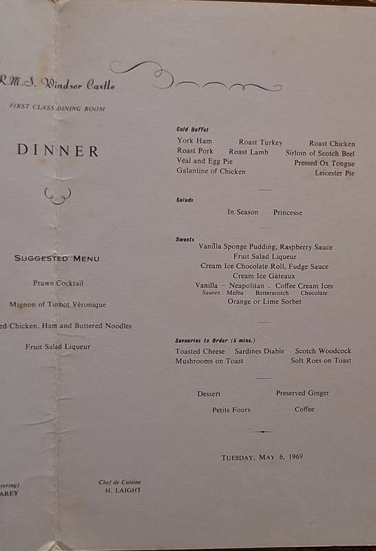 Union-Castle Safmarine RMS Windsor Castle First Class Dinner Menu 1969
