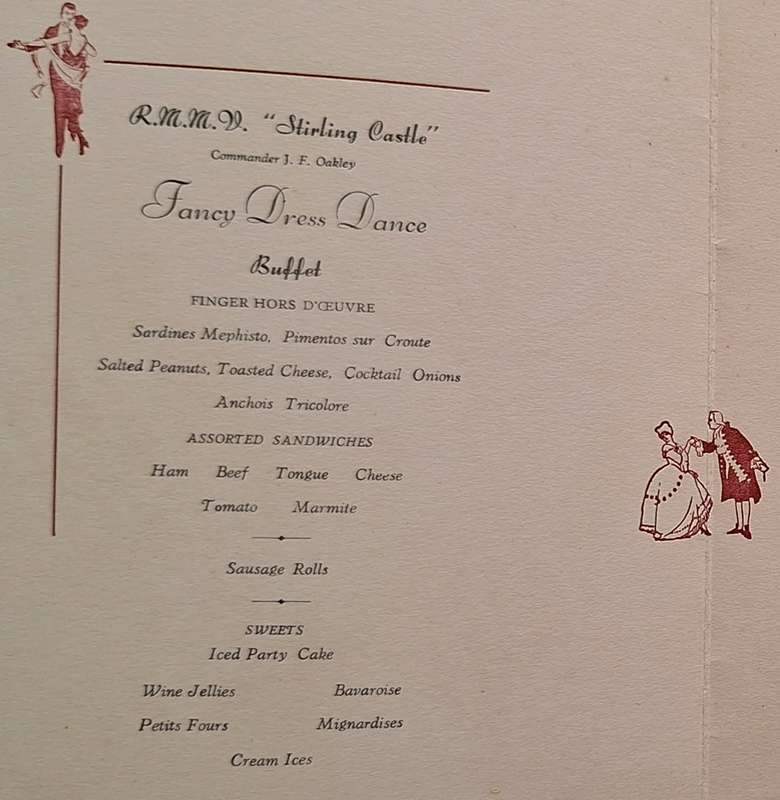 Union Castle Line RMMV Stirling Castle Fancy Dress Dance Buffet and Dinner Menu 26 February 1954