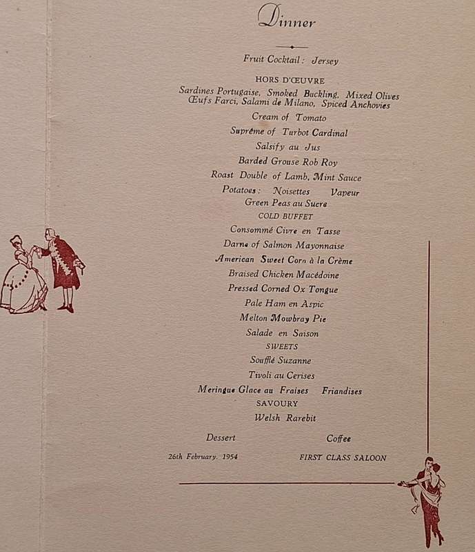 Union Castle Line RMMV Stirling Castle Fancy Dress Dance Buffet and Dinner Menu 26 February 1954