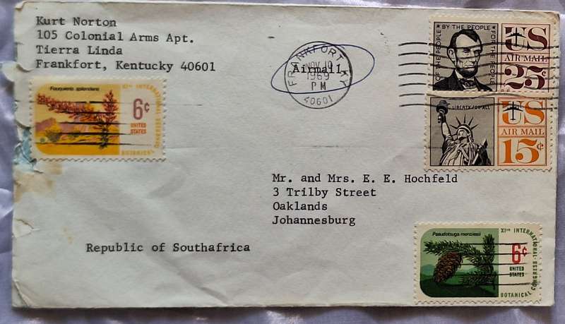 Envelope Posted 1969 from Kentucky USA to Johannesburg SA