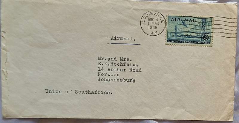 Envelope Posted 1948 from Louisville Kentucky USA to Johannesburg Union of South Africa