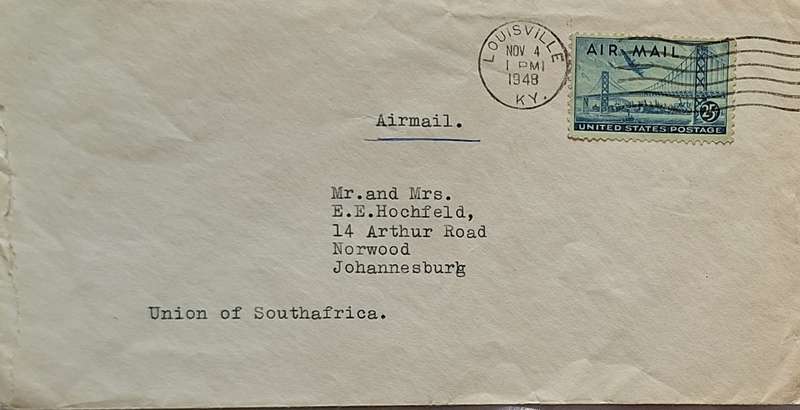 Envelope Posted 1948 from Louisville Kentucky USA to Johannesburg Union of South Africa