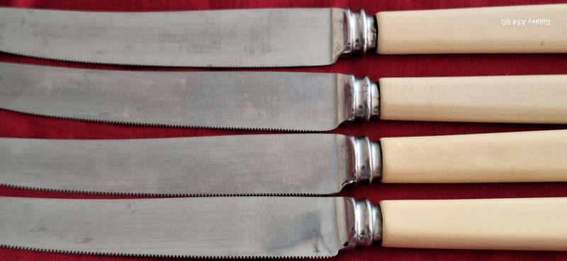 4 Vintage Harris Miller & Co Sheffied Faux Bone Serrated Edge Table Knives