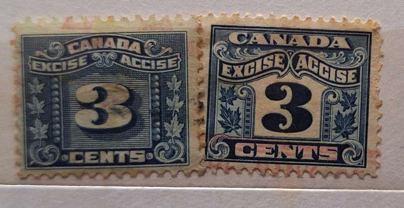 Canada 1915 Two Leaf Excise Tax and 1934 Three Leaf Excise Tax 2 Used Hinged stamps